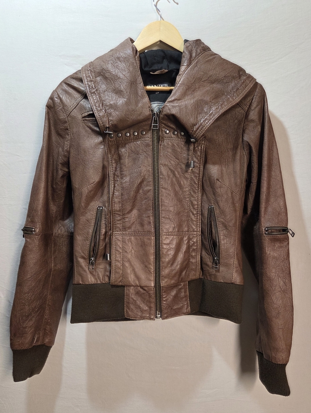 Danier Sz Small Brown Leather Studded Bomber Style Jacket With Wide Hood